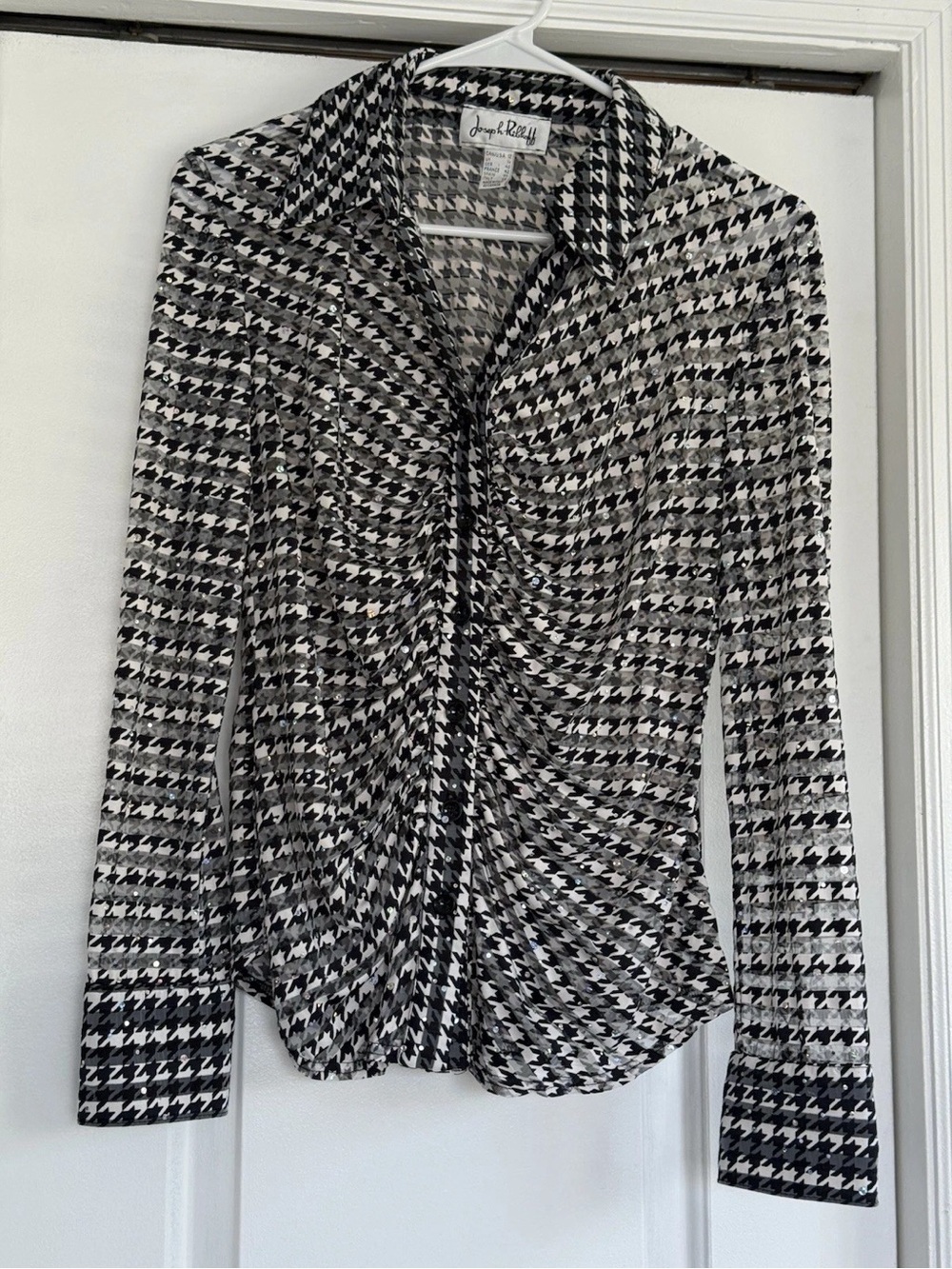 Joseph Ribkoff Black and White Houndstooth Twist-Front Blouse
